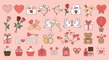 Valentines day elements illustrations vector set. Cute cartoon clipart for day of lovers.