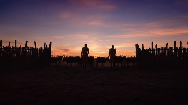 African Herders Driving Cattle into Kraal Silhouette at Dramatic Sunset