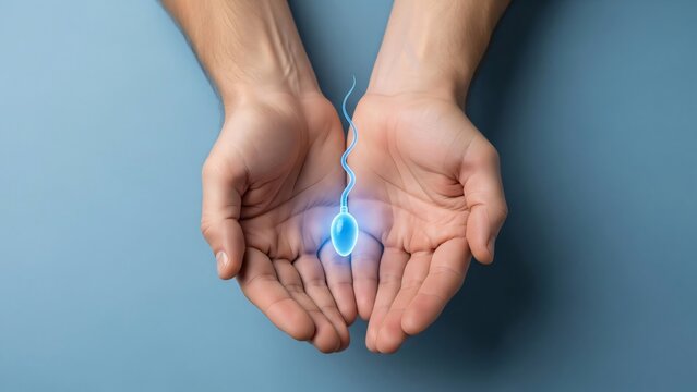 Man holding glowing sperm cell in cupped hands. Concept of male fertility, reproduction, in vitro fertilization science, or sperm donation.