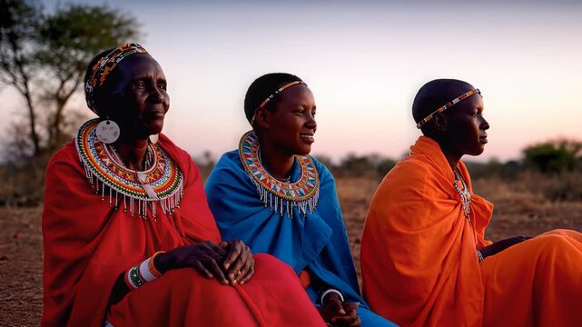 Maasai Women in Traditional Attire Sitting at Sunset
