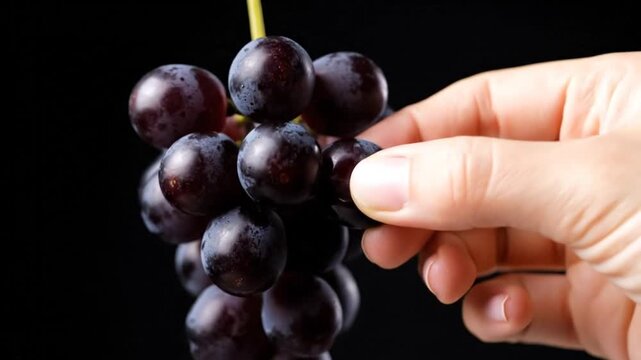 Close-up of a hand picking and squishing a ripe, dark purple grape from a bunch against a black background