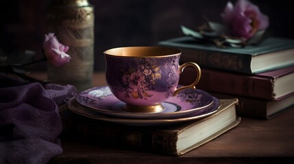 Purple Morning Glories (Ipomoea purpurea) Climbing Rustic Wall &mdash; Botanical Garden Scene cup of coffee and book