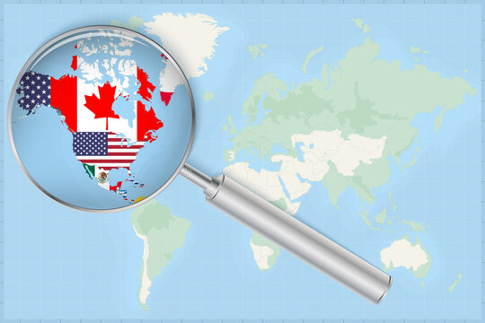 International Focus on North America Map. Magnifying Glass Zooming on North America Map with Flags.