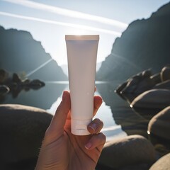 Hand holding a white tube of sunscreen against a scenic lake and mountain backdrop.