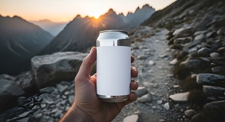 Hand holding a blank aluminum can against a stunning mountain sunset.