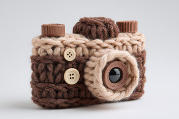 Cute Handmade Knitted Wool Camera with Wooden Button Lens
