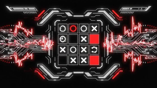 Tic Tac Toe game board with X and O symbols on a futuristic circuit board background with red signals