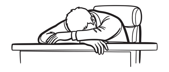 Businessman asleep at his desk in black and white illustration