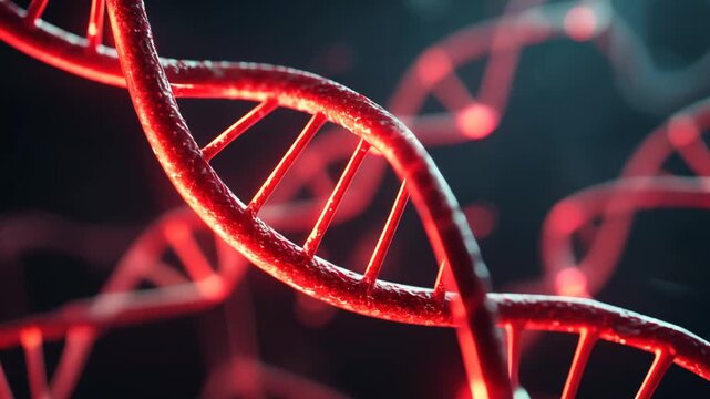 Close-up of illuminated DNA double helix structure in red light, 3D illustration, science concept