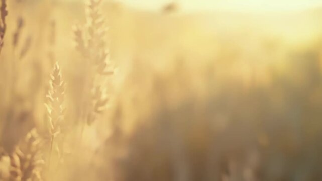 Golden lavender plants, or maybe wheat spikes, standing tall in a sun drenched field creating a serene, warm, and natural background during golden hour