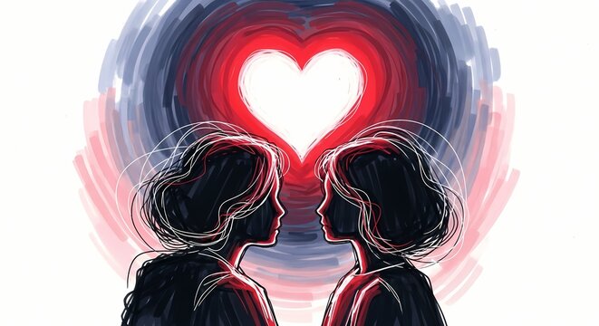  Dua siluet perempuan saling menatap di bawah hati merah yang bersinar, dikelilingi oleh sosok-sosok bayangan dalam pemandangan malam yang gelap dan berbintang, melambangkan cinta dan keterikatan.