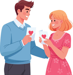 Fototapeta premium A smiling man and woman exchanging Valentine's day greeting cards with red hearts, celebrating love or friendship.