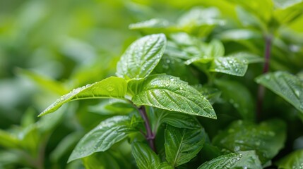 Close-up of Thai basil leaves with unique texture and purple stems.
