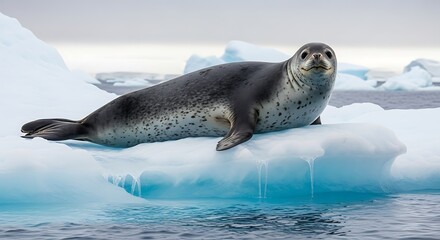 Leopard Seal Resting on an Ice Floe in the Antarctic Ocean.