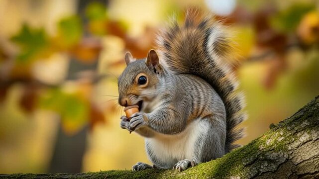 Squirrel Eating Acorn on Tree Branch in Autumn Scene