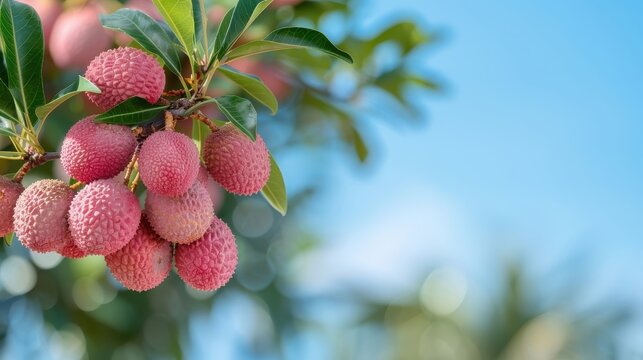 Lychee tree with ripe fruits hanging from branches under a clear blue sky, showcasing a bountiful harvest.