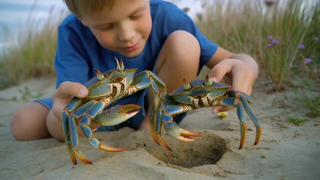 Young boy discovering blue crabs on the beach, exploring nature and marine life