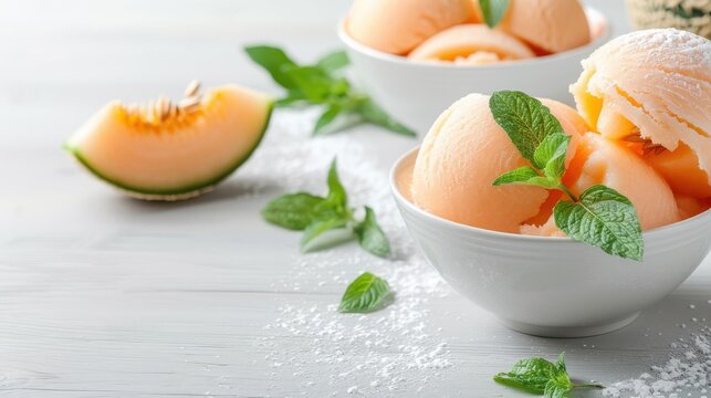 Cantaloupe-themed dessert, such as cantaloupe sorbet with fresh slices as garnish, set against a clean background.