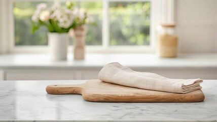 Marble table featuring a wood cutting board and napkin, captured from above.
