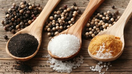 Wooden spoons filled with black pepper, sea salt, and ground pepper, arranged on a wooden surface for a culinary visual.