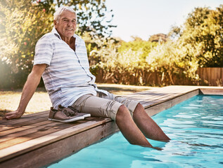 Portrait, sunny and elderly man at pool with break, positive attitude or weekend enjoyment in...