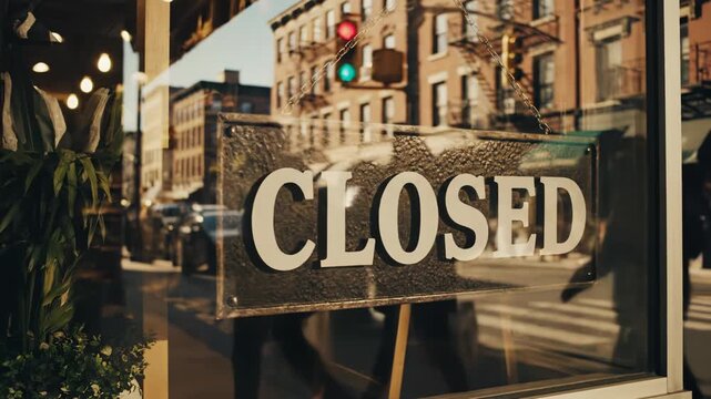 Closed sign on a storefront window reflecting a city street with traffic light and buildings