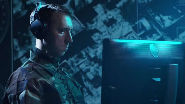 Soldier in a dimly lit military control room, intensely focused on multiple computer screens displaying crucial operational drone data.