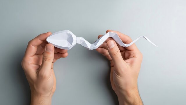 Man holding a large artificial sperm. In vitro fertilization, male potency test, and sperm bank concept. Fertility treatment.