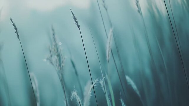 Gentle long grass and reeds with seed heads standing tall, receiving tiny dew drops, creating a tranquil serene atmosphere with blurred cool blue colors