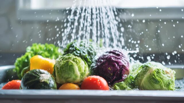 Vegetable washing with water splash for healthy food. This fresh organic nutrition cleaning concept shows colorful vegetables under a water stream for safe and hygienic meal prep.