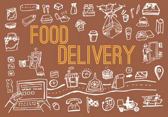 Food delivery using app service. Editable Clip Art.