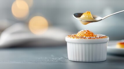 A photorealistic image of a spoon cracking the caramelized sugar crust of a cr&egrave;me br&ucirc;l&eacute;e.