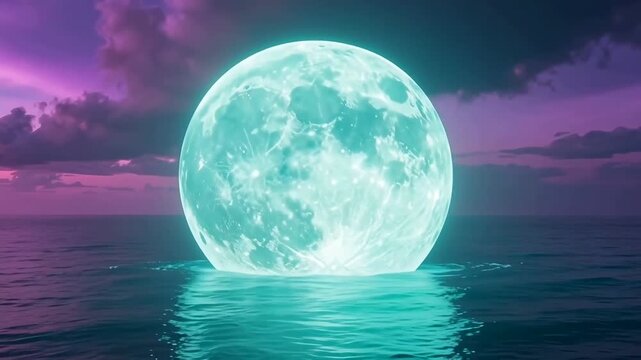Surreal giant cyan full moon glowing on the ocean horizon with purple clouds, 3d render animation loop.
