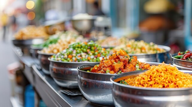 A vibrant street food scene in India, with vendors serving chaat dishes.