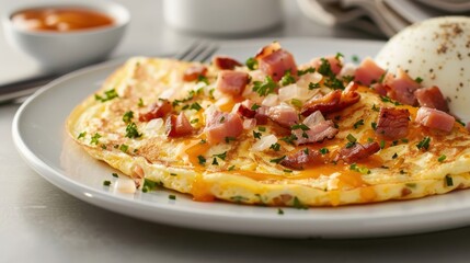 A close-up of a ham and cheese omelet with melted cheddar and chopped onions.