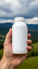 Hand holding a blank white bottle against a scenic mountain backdrop.