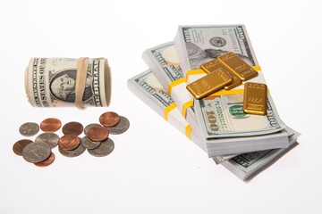 Fototapeta premium Inflation gold bar. Inflation gold. Inflation coins. Inflation in investment with dollar economy and crisis risk.