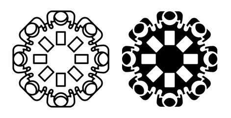 Obraz premium Linear icon. Company managers and employees are sitting at round table at meeting, view from above. Simple black and white vector