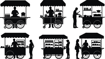 street food silhouette, vendor cart, mobile food stall, black and white, food service, urban snack, street culture, food truck, silhouette artwork, © MdJahid