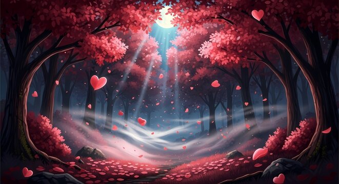 A magical fantasy forest bathed in soft moonlight, with vibrant pink and red trees shedding heart-shaped leaves onto a misty, enchanting path, creating a romantic dreamscape.