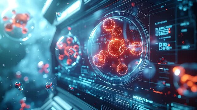 Advanced Scientific Analysis: A futuristic interface displays detailed scientific data, highlighting intricate biological structures with precision, symbolizing cutting-edge research and innovation.