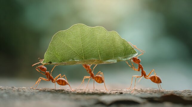 Teamwork of ants carrying green leaf together