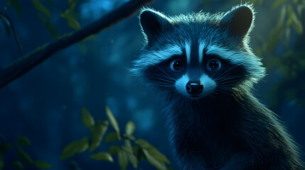 Cute raccoon with big eyes peeking from forest underbrush at night