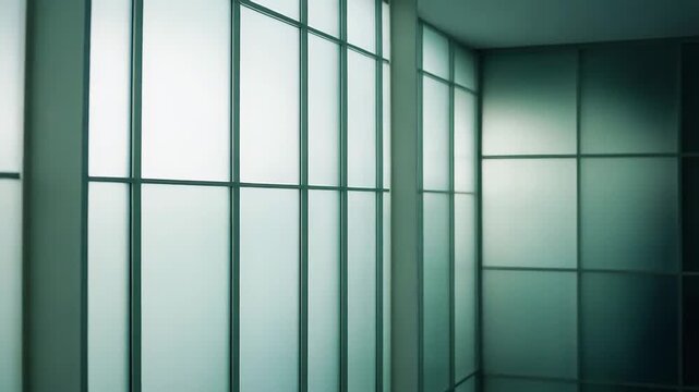 Frosted glass panels with a grid pattern diffuse light, creating a clean, modern, and abstract architectural background perfect for concepts of privacy, transparency, and innovation