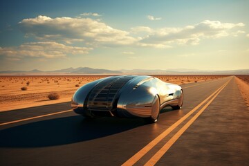 Obraz premium Futuristic concept car with solar panels moving along a desert highway at sunset