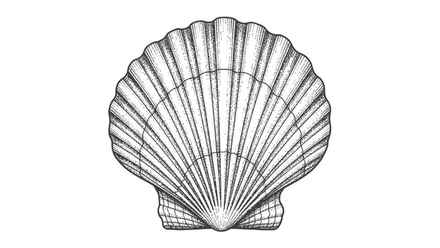 Detailed illustration of a single scallop shell with fan shaped ribs on a plain white background