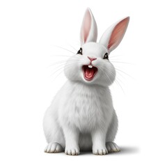 Obraz premium Cute white rabbit with open mouth and big ears on white background