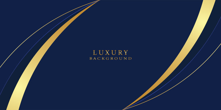 Dark navy blue and gold curve shapes on background with glowing golden striped lines and glitter. Luxury and elegant. Abstract template design. Design for presentation, banner. modern