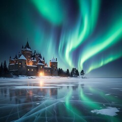Obraz premium Enchanting Castle Under Northern Lights Reflected on Frozen Lake.