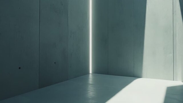 Abstract interior scene showing clean concrete walls and floor, with a bright vertical light slit illuminating the corner and strong diagonal shadows across the empty modern space